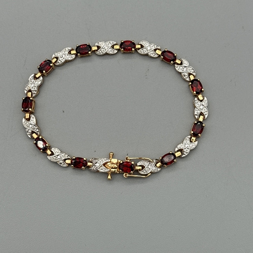 Tennis Bracelet & Earrings Set Garnets & Rhinestones Gold Tone Red Stunning GIFT - Picture 12 of 15
